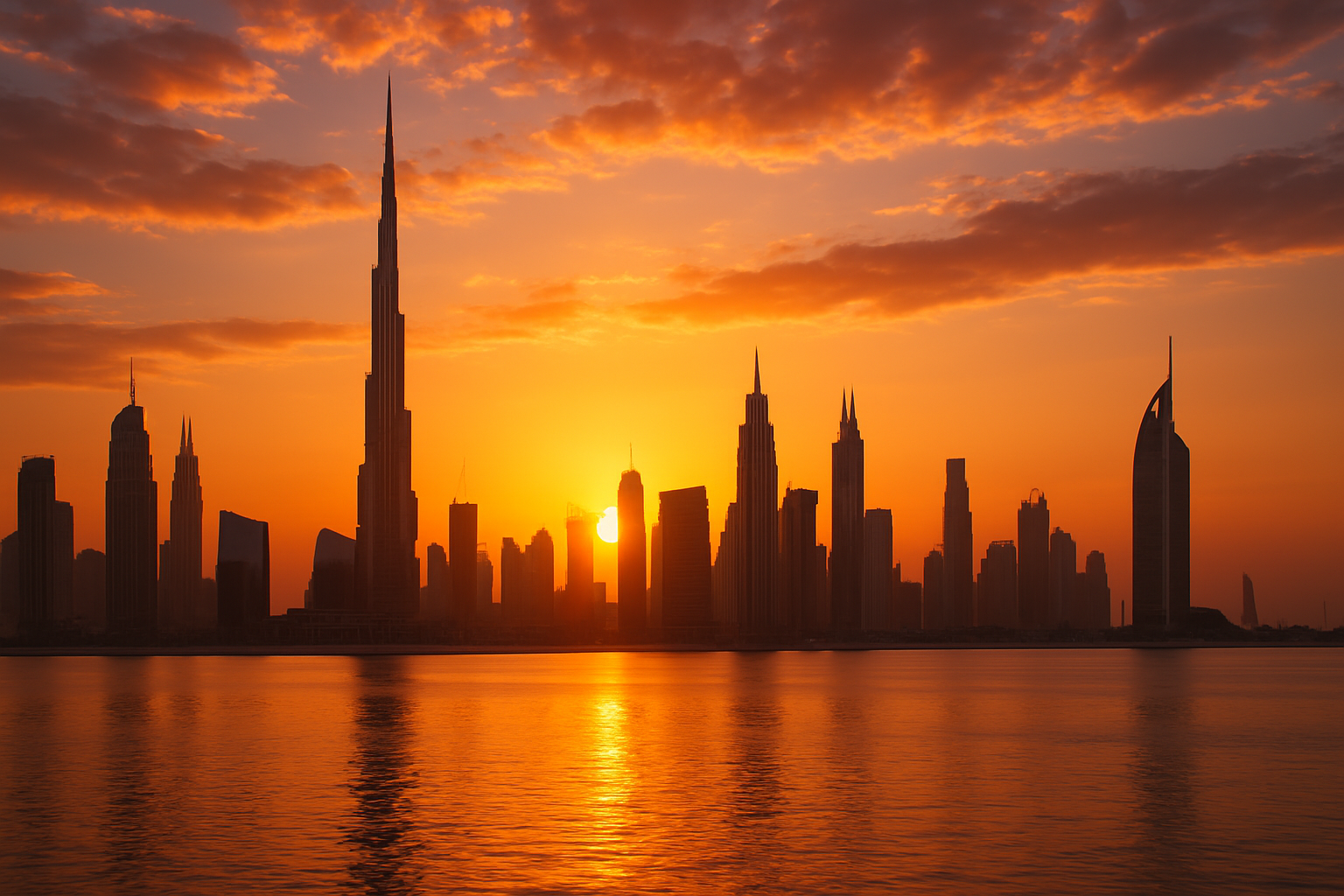 Modern Dubai skyline at sunset