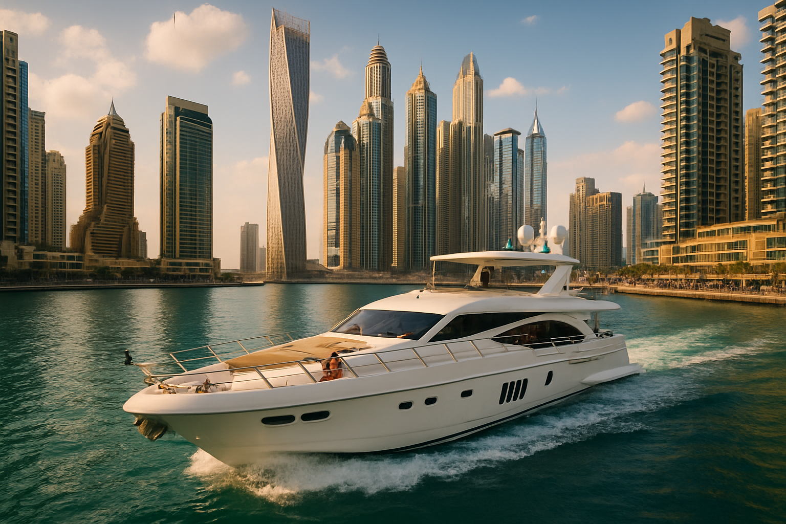 Luxury yacht cruising on Dubai Marina